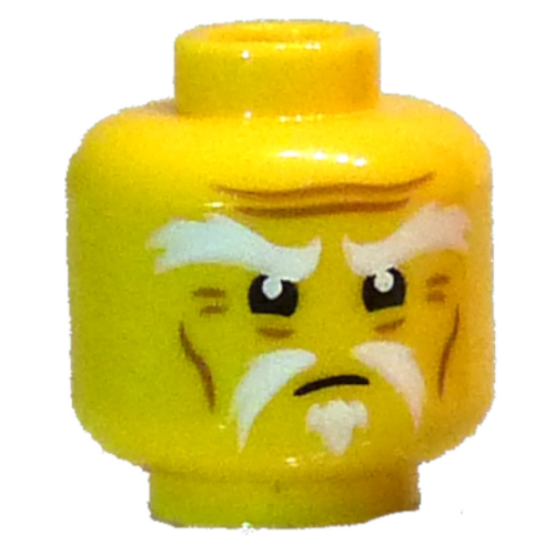 Tête de minifigurine maître wu, épais sourcils blancs, moustache, bouc, regard en colère (Minifig Head Master Wu, Thick White Eyebrows, Moustache, Goatee, Angry Stare)