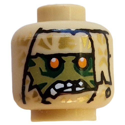 Tête de minifigurine Kur, Bandages, Visage vert olive, Yeux jaunes, Dents blanches tordues, Poneytail gris bleuté clair (Minifig Head Kur, Bandages, Olive Green Face, Yellow Eyes, Crooked White Teeth, Grin, Light Bluish Grey Ponytail)