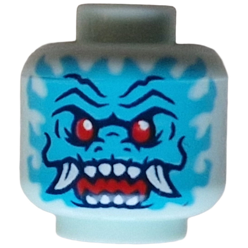 Tête de minifigurine Spectral Dragonian Warrior, Visage azur moyen, Lignes bleu foncé, Yeux rouges, Crocs blancs, Bouche rouge, Formes moyennes azur/rouge dans le dos (Minifig Head Spectral Dragonian Warrior, Medium Azure Face, Dark Blue Lines, Red Eyes, White Fangs, Red Mouth, Medium Azure/Red Shapes in Back)