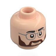 Tête de minifigurine Henry Loomis, sourcils, barbe brun rougeâtre, lunettes argentées, Neutra l/ Motif imprimé en colère (Minifig Head Henry Loomis, Eyebrows, Reddish Brown Beard, Silver Glasses, Neutra l/ Angry Print)