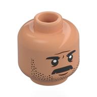 Tête de minifigurine Reuben Delgado, sourcils noirs, moustache, Barbe tronquée, air sévère / effrayé (Minifig Head Reuben Delgado, Black Eyebrows, Moustache, Stubbled Beard, Stern/Scared)