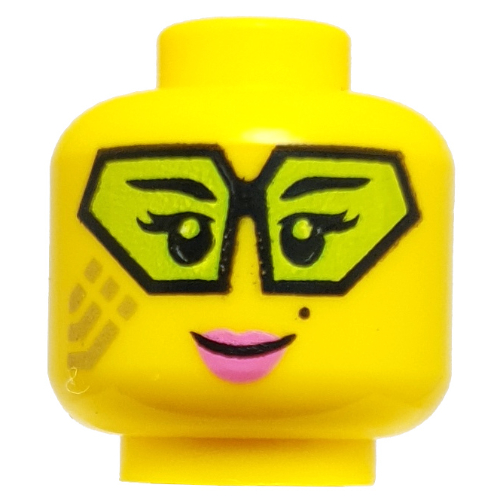 Tête de minifigurine Dr. LaRow, Circuits dorés, Lunettes hexagonales à la vert citron, Lèvres roses, Sourire/Snarl (Minifig Head Dr. LaRow, Gold Circuitry, Lime Hexagonal Glasses, Pink Lips, Smile/Snarl)