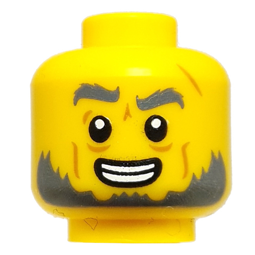 Tête de minifigurine Tim Twitchy, sourcils gris bleuté foncé, barbe, sourire, sourcil levé / effrayé (Minifig Head Twitchy Tim, Dark Bluish Grey Eyebrows, Beard, Smile, Raised Eyebrow / Scared)