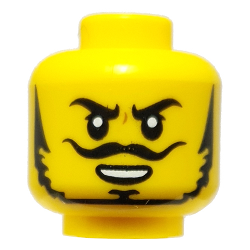 Tête de minifigurine Dorama, sourcils noirs, barbe fine, moustache longue, sourire menaçant (Minifig Head Dorama, Black Eyebrows, Thin Beard, Long Moustache, Mean Smile)