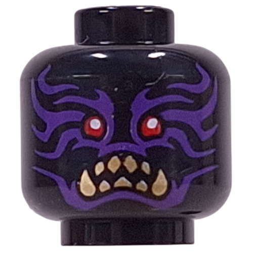 Tête de minifigurine Zarkt, yeux rouges, dents foncées, crocs, marquages violet foncé, bouche fermée / bouche ouverte (Minifig Head Zarkt, Red Eyes, Dark Tan Sharp Teeth, Fangs, Dark Purple Markings, Closed Mouth / Open Mouth)