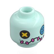 Tête de minifigurine crump, bouton turquoise noir/foncé pour les yeux, bouche noire avec points roses foncés (Minifig Head Scrump, Black/Dark Turquoise Button for Eyes, Black Mouth with Dark Pink Stitches)