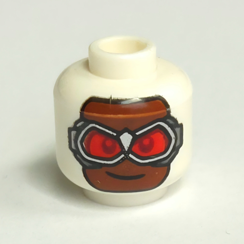 Tête de minifigurine Sam Wilson, Masque, visage brun rougeâtre, Lunettes argentées, Lentilles rouges (Minifig Head Sam Wilson, Mask, Reddish Brown Face, Silver Goggles, Red Lenses)