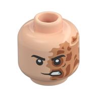 Tête de minifigurine Deux-Faces, Sourcils noirs, Nougat/Orange foncé Brûlé sur le côté gauche (Minifig Head Two-Face, Black Eyebrows, Nougat/Dark Orange Burned Left Side, Lopsided Scowl)