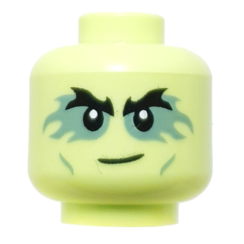 Tête de minifigurine Morro, sourcils épais noirs, fard à paupières vert sable, sourire en coin (Minifig Head Morro, Thick Black Eyebrows, Sand Green Eyeshadow, Smirk)