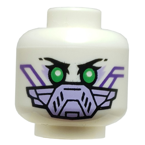 Tête de minifigurine PIXAL, yeux verts, sourcils noirs, circuit violet foncé, sourire / masque de respiration lavande (Minifig Head PIXAL, Green Eyes, Black Eyebrows, Dark Purple Circuitry, Smile / Lavender Breathing Mask)