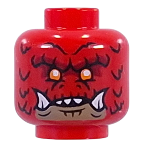 Tête de minifigurine éclaireur dragon, écailles rouge foncé, yeux orange, bouche beige foncée, crocs blancs (Minifig Head Dragonian Scout, Dark Red Scales, Orange Eyes, Dark Tan Mouth, White Fangs)
