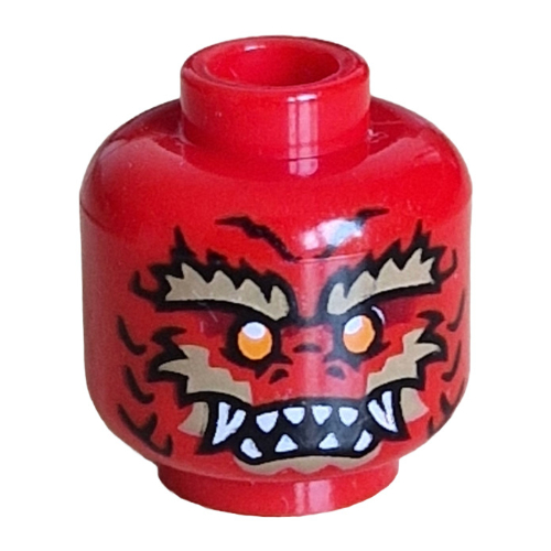 Tête de minifigurine guerrier dragon, écailles rouge foncé, yeux orange, sourcils beige foncé, poils faciaux, crocs blancs, flammes sur le dos (Minifig Head Dragonian Warrior, Dark Red Scales, Orange Eyes, Dark Tan Eyebrows, Facial Hair, White Fangs, Flames on Back)
