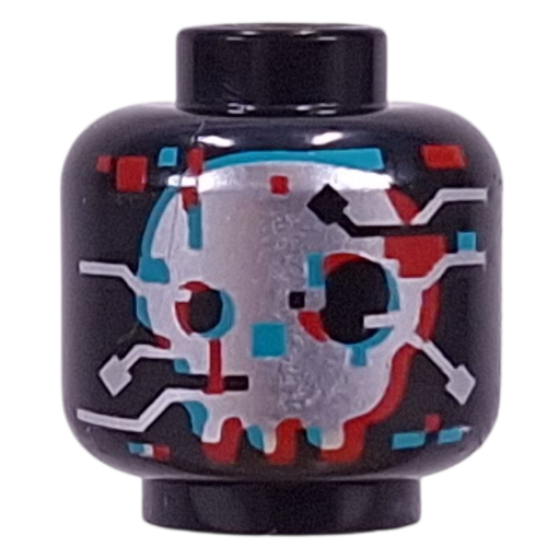 Tête de minifigurine D-Shock, crâne argenté avec distorsion turquoise rouge / sombre, circuits (Minifig Head D-Shock, Silver Skull with Red/Dark Turquoise Distortion, Circuitry)