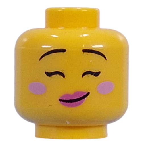 Tête de minifigurine Sourcils noirs fins, joues roses vives, lèvres roses foncées, bouche ouverte Crookes sourire / yeux proches, sourire tordu (Minifig Head Thin Black Eyebrows, Bright Pink Cheeks, Dark Pinks Lips, Open Mouth Crookes Smile/Close Eyes, Crooked Smile)