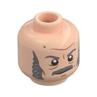 Tête de minifigurine quint, sourcils gris bleuté foncé, favoris moustache, motif : sourire en coin (Minifig Head Quint, Dark Bluish Grey Eyebrows, Moustache Sideburns, Smirk Print)