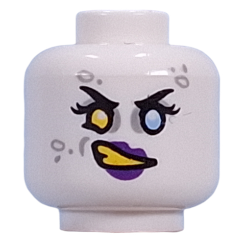 Tête de minifigurine Doey, jaune gauche, œil droit bleu clair lumineux, fard à paupières gris bleuté clair, taches, lèvres violet foncé, dents jaunes, gribouillis/sourire en colère (Minifig Head Doey, Yellow Left, Bright Light Blue Right Eye, Light Bluish Grey Eyeshadow, Spots, Dark Purple Lips, Yellow Teeth, Angry Grin/Smile)