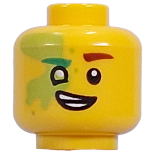 Tête de minifigurine Mateo, tache de vert citron sur l'œil, vert à gauche, sourcil rouge foncé à droite, œil gauche à la vert citron, bouche ouverte (Minifig Head Mateo, Lime Spot over Eye, Green Left, Dark Red Right Eyebrow, Lime Left Eye, Open Mouth Lopsided Smile/Lopsided Grin)