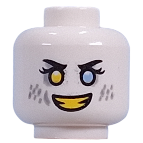 Tête de minifigurine vertigineuse, jaune gauche, bleu clair brillant œil droit, fard à paupières gris bleuté clair, taches, dents jaunes, sourire moyen / sourire en colère (Minifig Head Dizzy, Yellow Left, Bright Light Blue Right Eye, Light Bluish Grey Eyeshadow, Spots, Yellow Teeth, Mean Smile/Angry Grin)