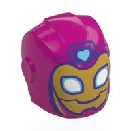 Casque avec plaques d'armure et protecteurs d'oreille avec masque d'or, yeux blancs, bleu clair clair clair entendre, motif imprimé cadre violet foncé (cœur de fer) (Helmet with Armor Plates and Ear Protectors with Gold Mask, White Eyes, Bright Light Blue Hear, Dark Purple Frame Print (Ironheart))