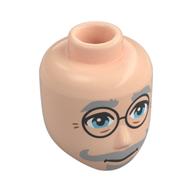 Tête de mini-poupée Homme, sourcils épais gris bleuté clair, moustache, bouc, yeux bleu clair vif, lunettes noires (Minidoll Head Male, Light Bluish Grey Thick Eyebrows, Moustache, Goatee, Bright Light Blue Eyes, Black Glasses)