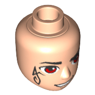 Tête de mini-poupée mâle, sourcils fins noirs et yeux rouges, tatouage elfes noirs sur la joue droite, bouche ouverte sourire motif imprimé (Minidoll Head Male, Thin Black Eyebrows and Red Eyes, Black Elves Tattoo on Right Cheek, Open Mouth Smirk Print)