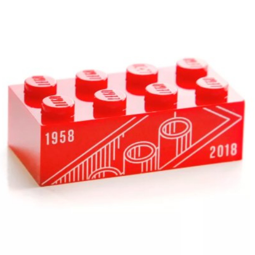 Visuel indicatif Rebrickable de Brique 2 x 4 avec motif imprimé blanc '1958' et '2018' (Brick 2 x 4 with White '1958' and '2018' Print)