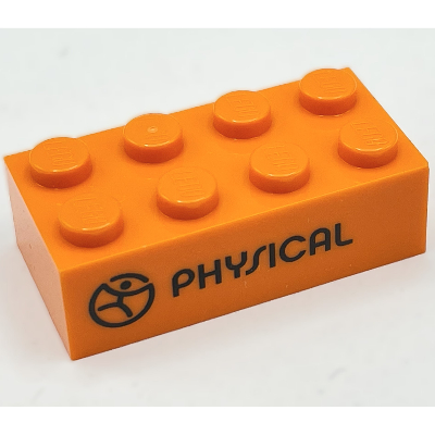 Visuel indicatif Rebrickable de Brique 2 x 4 avec motif imprimé 'PHYSICAL' et icône / 'MOOVA' (Brick 2 x 4 with 'PHYSICAL' and Icon / 'MOOVA' Print)
