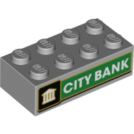 Visuel indicatif Rebrickable de Brique 2 x 4 avec motif imprimé blanc 'CITY BANK' sur fond vert (Brick 2 x 4 with White 'CITY BANK' On Green Background Print)