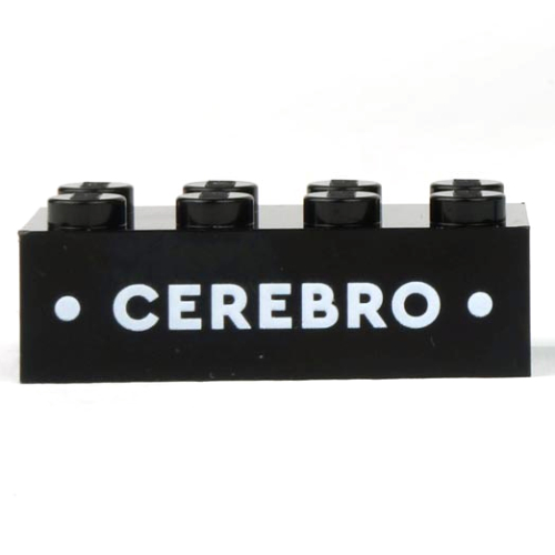 Visuel indicatif Rebrickable de Brique 2 x 4 avec motif imprimé blanc 'CEREBRO' (Brick 2 x 4 with White 'CEREBRO' Print)