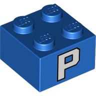 Visuel indicatif Rebrickable de Brique 2 x 2 avec motif imprimé blanc 'P' (Brick 2 x 2 with White 'P' Print)