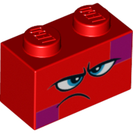 Brique 1 x 2 avec visage en colère / mécontent, yeux bleus, bouche tordue (Brick 1 x 2 with Angry/Disgruntled Face, Blue Eyes, Crooked Mouth)
