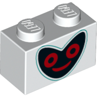 Brique 1 x 2 avec le visage noir de forme de cœur, yeux rouges, motif imprimé de bouche (Brick 1 x 2 with Heart Shape Black Face, Red Eyes, Mouth Print)