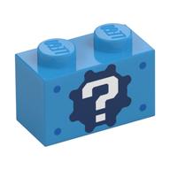 Visuel indicatif Rebrickable de Brique 1 x 2 avec '?' sur fond d'engrenage et motifs imprimés de taches bleues (Brick 1 x 2 with '?' on Gear Background and Blue Spots Print)
