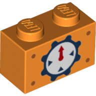 Visuel indicatif Rebrickable de Brique 1 x 2 avec l'horloge avec la main rouge sur le motif imprimé de fond d'engrenage (Brick 1 x 2 with Clock with Red Hand on Gear Background Print)