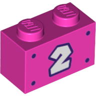 Visuel indicatif Rebrickable de Brique 1 x 2 avec blanc '2', bordure violet foncé, motif imprimé de points (Brick 1 x 2 with White '2', Dark Purple Border, Dots Print)