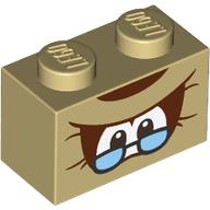 Brique 1 x 2 avec petits yeux, ombres marron rougeâtre et lunettes motif imprimé (Brick 1 x 2 with Small Eyes, Reddish Brown Shadowing, and Glasses Print)