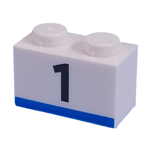 Visuel indicatif Rebrickable de Brique 1 x 2 avec motif imprimé noir '1', bande bleue (Brick 1 x 2 with Black '1', Blue Stripe Print)