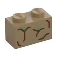 Visuel indicatif Rebrickable de Brique 1 x 2 avec écorce marron foncé, motif imprimé feuilles vertes (Brick 1 x 2 with Dark Brown Bark, Green Leaves Print)