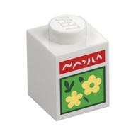 Visuel indicatif Rebrickable de Brique 1 x 1 avec griffonnage blanc sur rectangle rouge, fleurs jaune clair vif dans le motif imprimé vert vif carré (Brick 1 x 1 with White Scribbling On Red Rectangle, Bright Light Yellow Flowers in Bright Green Square Print)