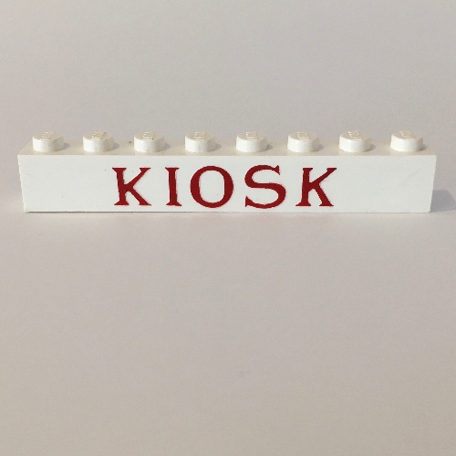 Visuel indicatif Rebrickable de Brique 1 x 8 avec 'KIOSK' fois nouveau motif imprimé rouge romain (Brick 1 x 8 with 'KIOSK' Times New Roman Red Print)