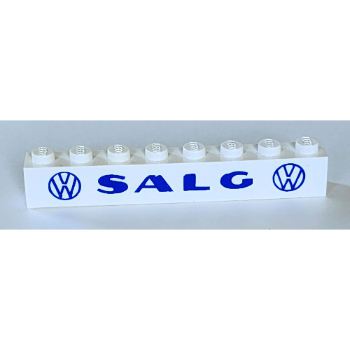 Visuel indicatif Rebrickable de Brique 1 x 8 avec motif imprimé bleu vif 'VW SALG VW' (Brick 1 x 8 with 'VW SALG VW' Bold Blue Print)