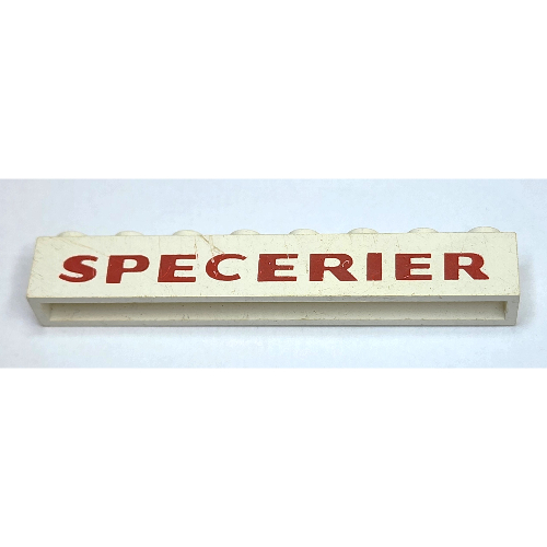 Visuel indicatif Rebrickable de Brique 1 x 8 avec motif imprimé 'SPECERIER' rouge foncé (Brick 1 x 8 with 'SPECERIER' Dark Red Print)