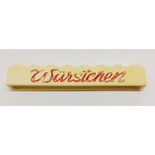 Visuel indicatif Rebrickable de Brique 1 x 8 avec motif imprimé rouge 'Würstchen' ('Wurstchen') (Brick 1 x 8 with 'Würstchen' ('Wurstchen') Script Red Print)