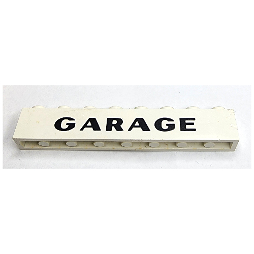 Visuel indicatif Rebrickable de Brique 1 x 8 avec 'GARAGE' avec motif imprimé élaboré 'G' Sans-Serif (Brick 1 x 8 with 'GARAGE' with Elaborate 'G' Sans-Serif Thick Print)