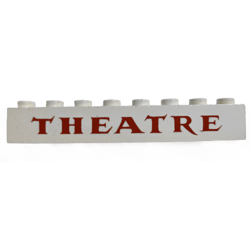 Visuel indicatif Rebrickable de Brique 1 x 8 avec motif imprimé rouge 'THEATRE' (Brick 1 x 8 with 'THEATRE' Red Print)