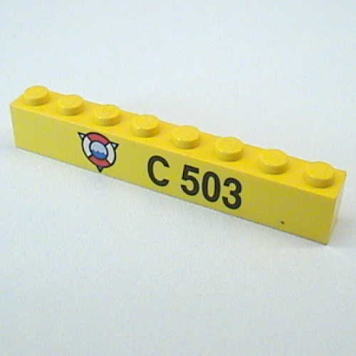 Visuel indicatif Rebrickable de Brique 1 x 8 avec logo de la Garde côtière, motif imprimé 'C 503' (Brick 1 x 8 with Coast Guard Logo, 'C 503' Print)