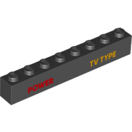 Visuel indicatif Rebrickable de Brique 1 x 8 avec motif imprimé rouge 'POWER', orange vif 'TV TYPE' (Brick 1 x 8 with Red 'POWER', Bright Orange 'TV TYPE' Print)
