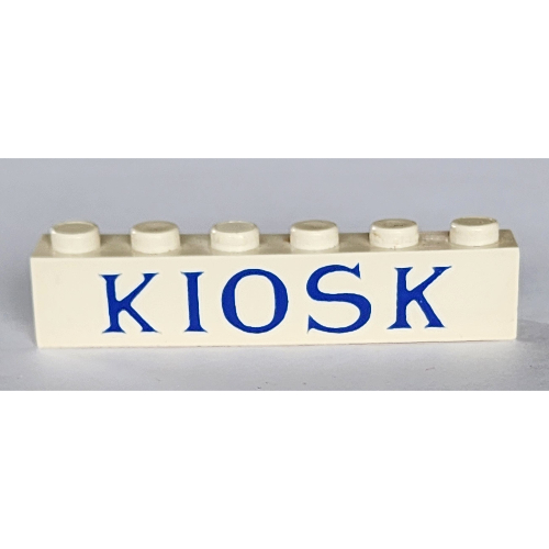 Visuel indicatif Rebrickable de Brique 1 x 6 avec motif imprimé bleu serif 'KIOSK' (Brick 1 x 6 with 'KIOSK' Serif Blue Print)