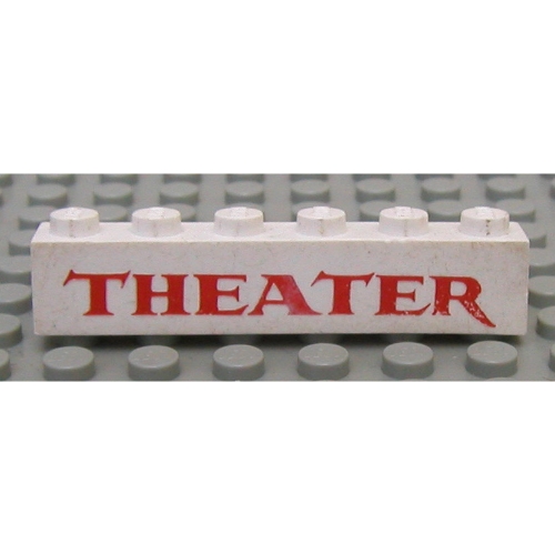 Visuel indicatif Rebrickable de Brique 1 x 6 avec motif imprimé rouge serif 'THEATER' (Brick 1 x 6 with 'THEATER' Serif Red Print)