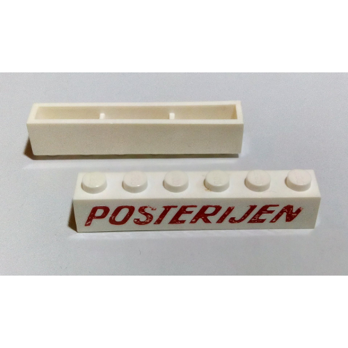 Visuel indicatif Rebrickable de Brique 1 x 6 avec motif imprimé 'POSTERIJEN' en Italique Rouge (Brick 1 x 6 with 'POSTERIJEN' Italic Red Print)
